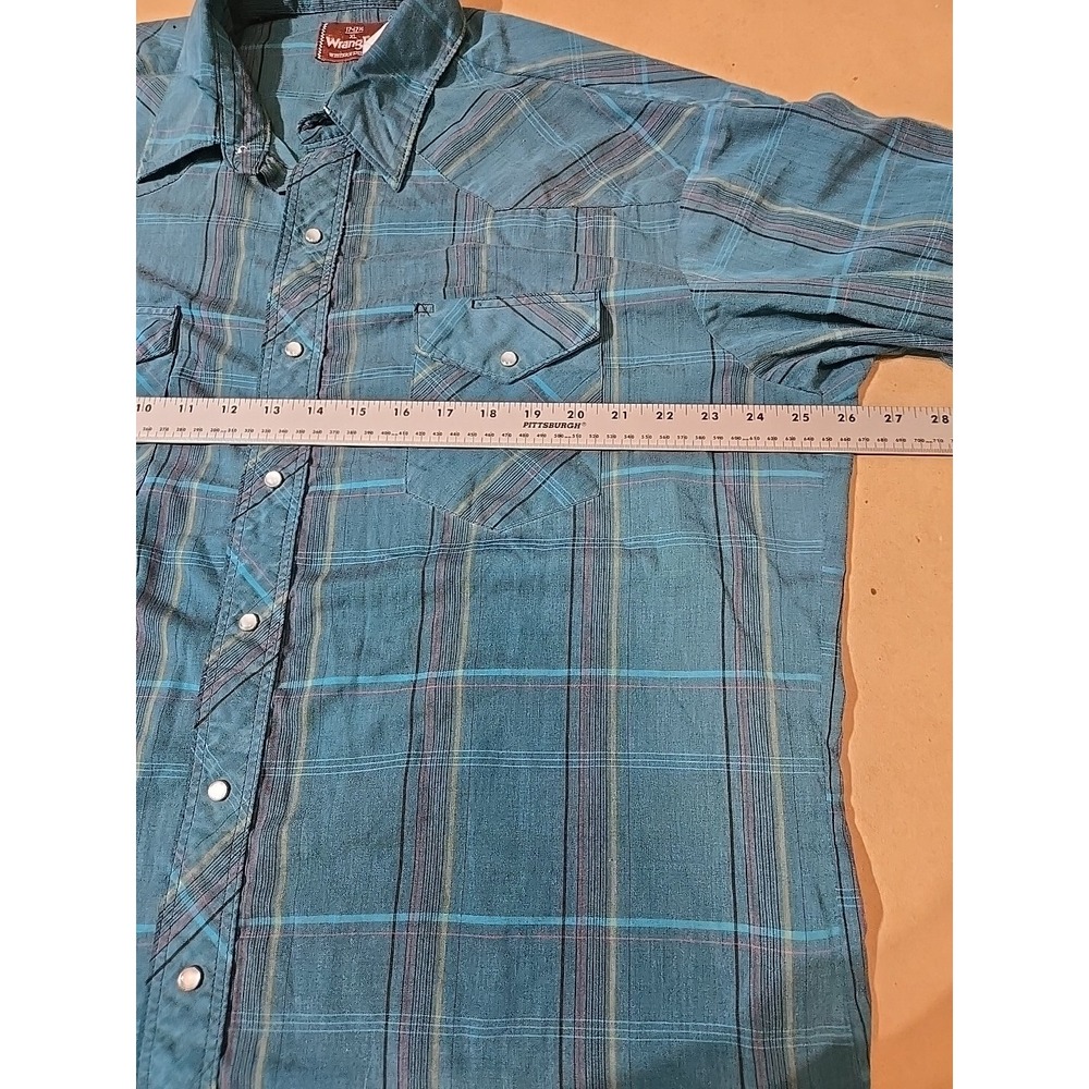 Wrangler Western Shirt Teal Plaid Long Sleeve Pearl Snap Cowboy Rancher XL - Picture 5 of 9
